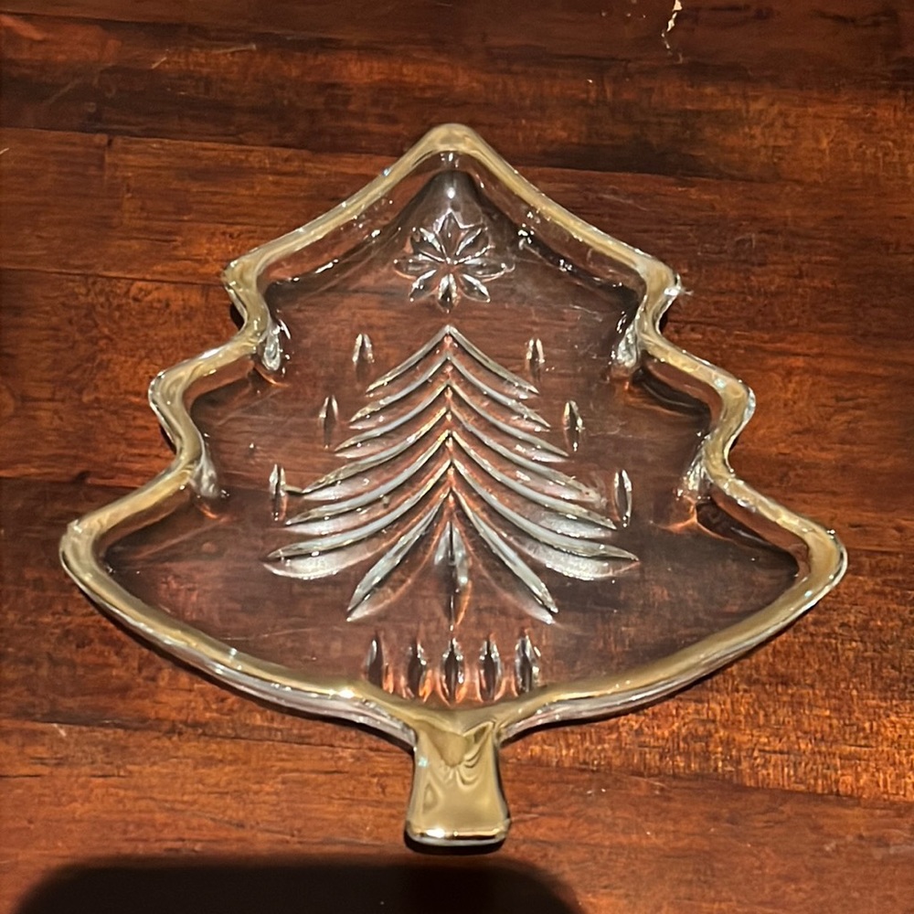 Mikasa 5 1/4" Christmas Tree Crystal Trinket Dish Nut Bowl Gold Trim Vintage